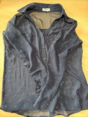 Express Portofino Navy Sheer Button-Down Blouse with Red Heart Print